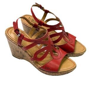 Born Of Concept BOC Red Leather Slingback Cork Wedge Heel Sandals Womens Size 9